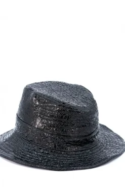 Donna D'Arienzo Riviera - Cappello da donna in pelle nera laminata stile secchiello