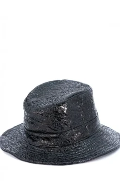 Donna D'Arienzo Riviera - Cappello da donna in pelle nera laminata stile secchiello