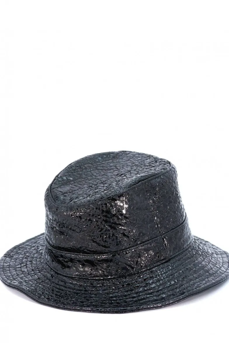 Donna D'Arienzo Riviera - Cappello da donna in pelle nera laminata stile secchiello