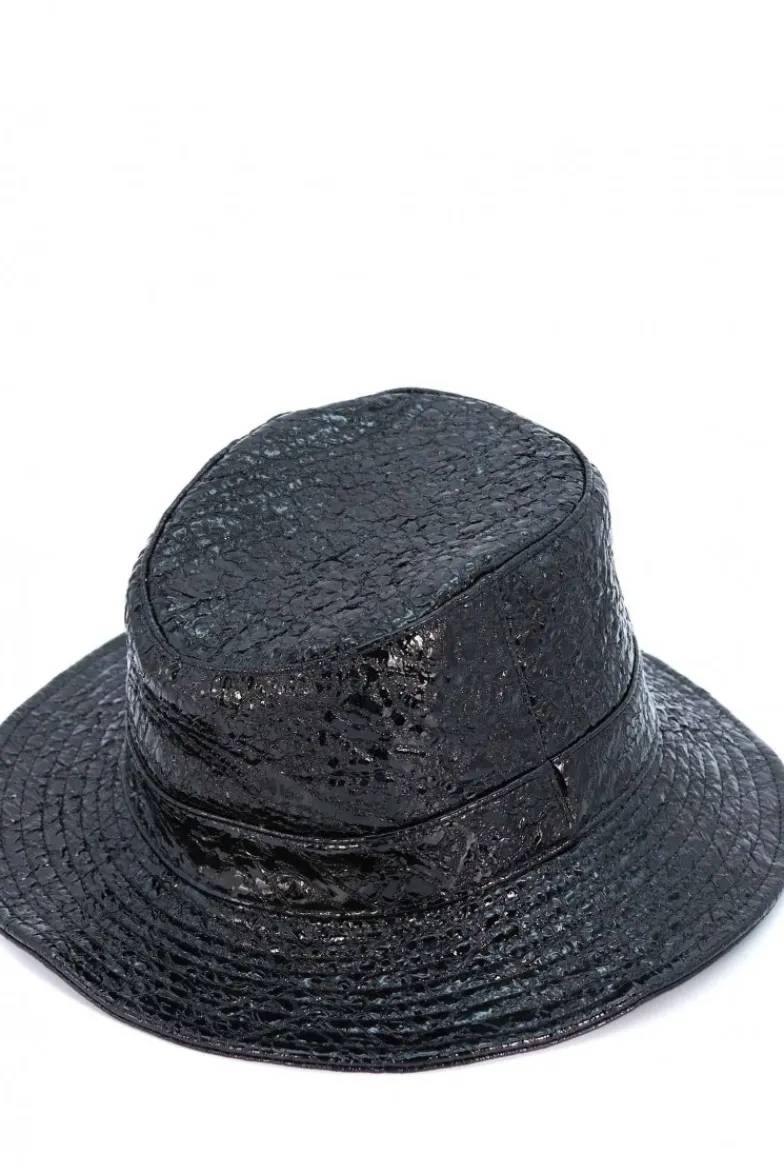 Donna D'Arienzo Riviera - Cappello da donna in pelle nera laminata stile secchiello