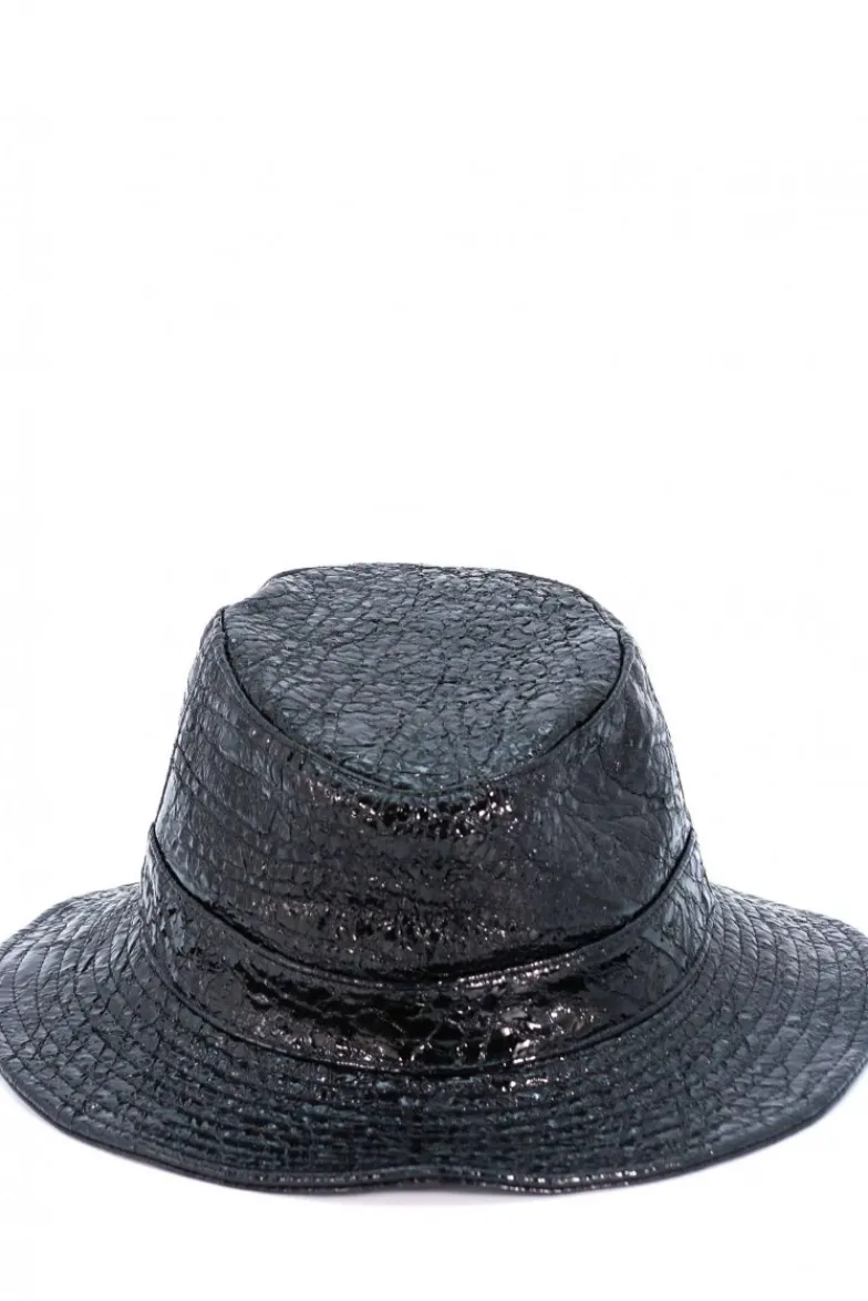 Donna D'Arienzo Riviera - Cappello da donna in pelle nera laminata stile secchiello