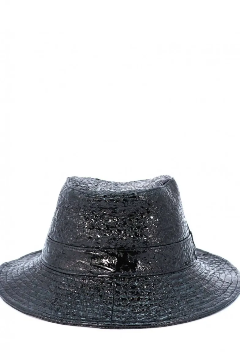 Donna D'Arienzo Riviera - Cappello da donna in pelle nera laminata stile secchiello