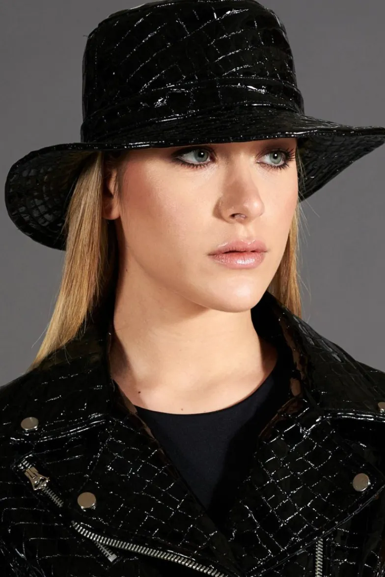 Donna D'Arienzo Riviera - Cappello da donna in pelle nera stampa cocco stile secchiello