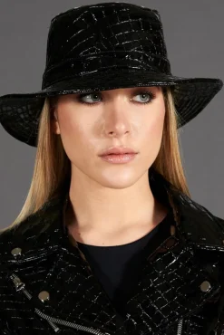 Donna D'Arienzo Riviera - Cappello da donna in pelle nera stampa cocco stile secchiello