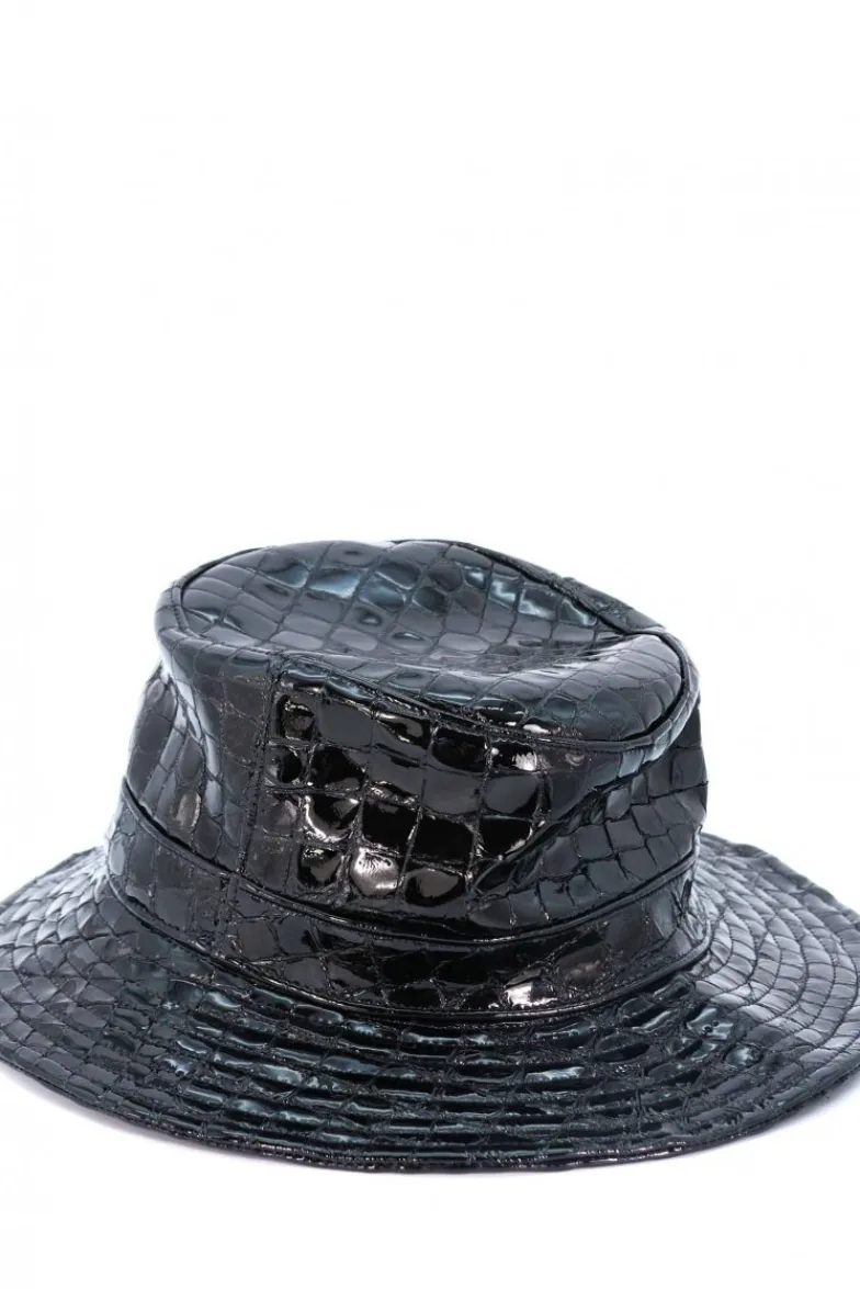 Donna D'Arienzo Riviera - Cappello da donna in pelle nera stampa cocco stile secchiello