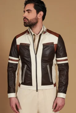 Uomo D'Arienzo Roberto - Giacca in pelle beige multicolor trapuntata sulle spalle design patch