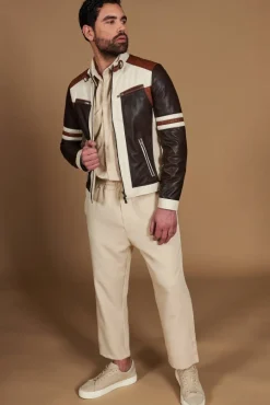 Uomo D'Arienzo Roberto - Giacca in pelle beige multicolor trapuntata sulle spalle design patch