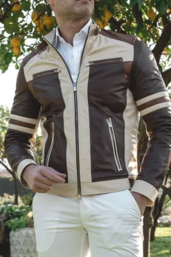 Uomo D'Arienzo Roberto - Giacca in pelle beige multicolor trapuntata sulle spalle design patch