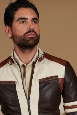 Uomo D'Arienzo Roberto - Giacca in pelle beige multicolor trapuntata sulle spalle design patch