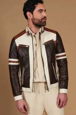 Uomo D'Arienzo Roberto - Giacca in pelle beige multicolor trapuntata sulle spalle design patch