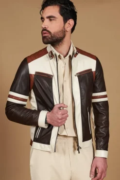 Uomo D'Arienzo Roberto - Giacca in pelle beige multicolor trapuntata sulle spalle design patch