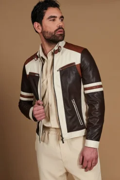 Uomo D'Arienzo Roberto - Giacca in pelle beige multicolor trapuntata sulle spalle design patch