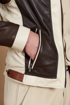 Uomo D'Arienzo Roberto - Giacca in pelle beige multicolor trapuntata sulle spalle design patch