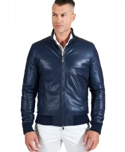 Uomo D'Arienzo Roy - Bomber imbottito in pelle nappa blu collo coreana con cerniera