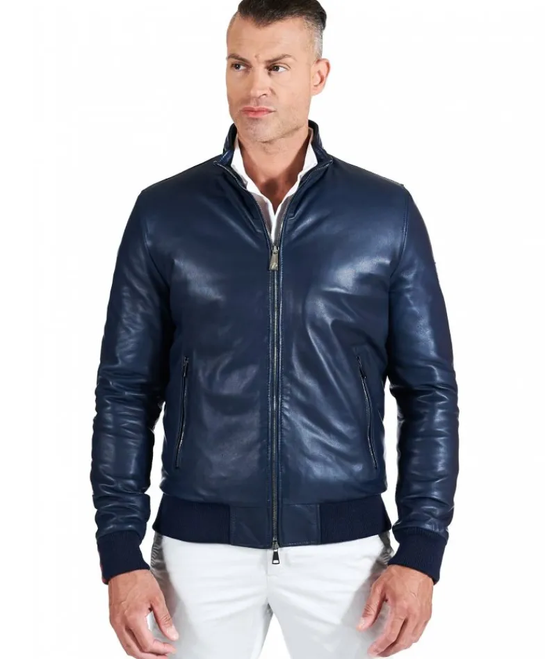 Uomo D'Arienzo Roy - Bomber imbottito in pelle nappa blu collo coreana con cerniera
