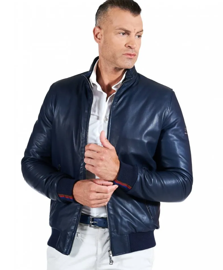 Uomo D'Arienzo Roy - Bomber imbottito in pelle nappa blu collo coreana con cerniera