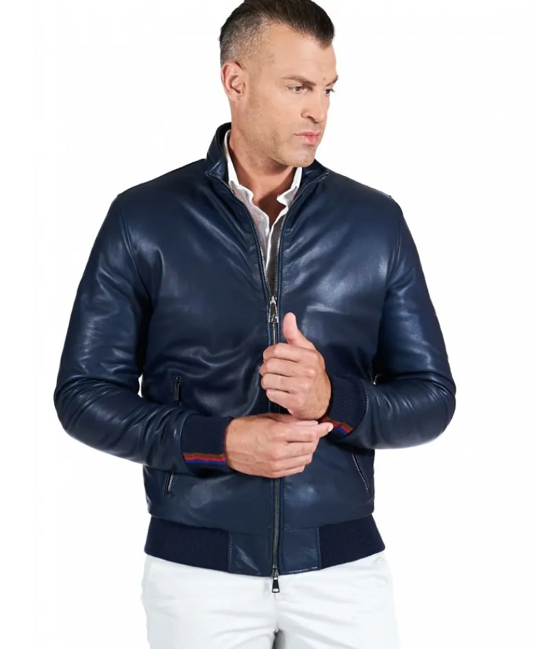 Uomo D'Arienzo Roy - Bomber imbottito in pelle nappa blu collo coreana con cerniera
