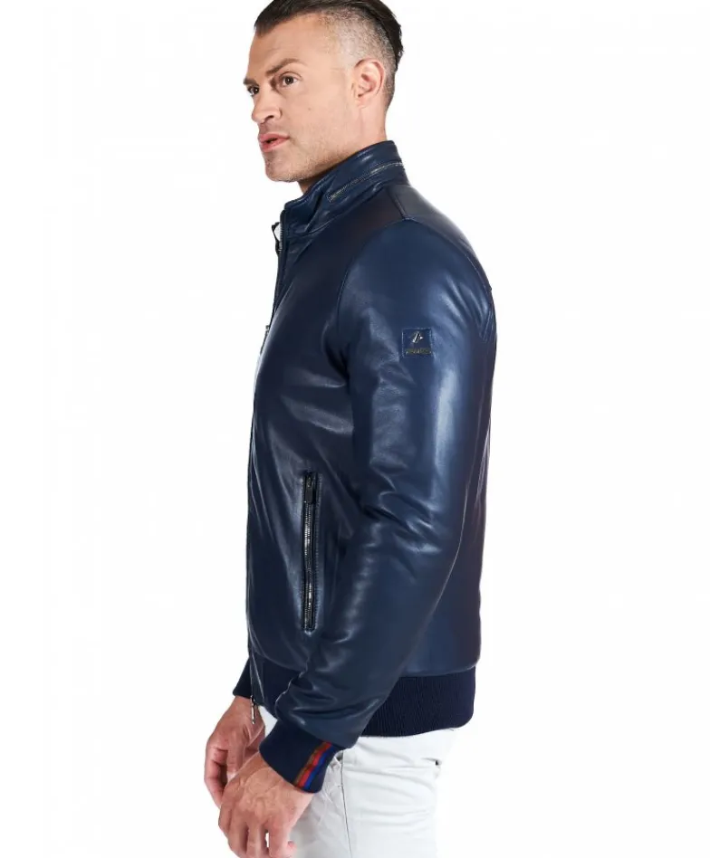 Uomo D'Arienzo Roy - Bomber imbottito in pelle nappa blu collo coreana con cerniera