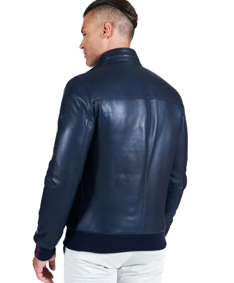 Uomo D'Arienzo Roy - Bomber imbottito in pelle nappa blu collo coreana con cerniera