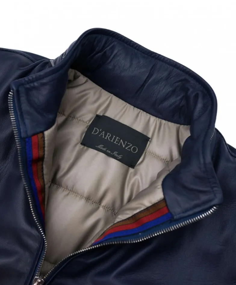 Uomo D'Arienzo Roy - Bomber imbottito in pelle nappa blu collo coreana con cerniera