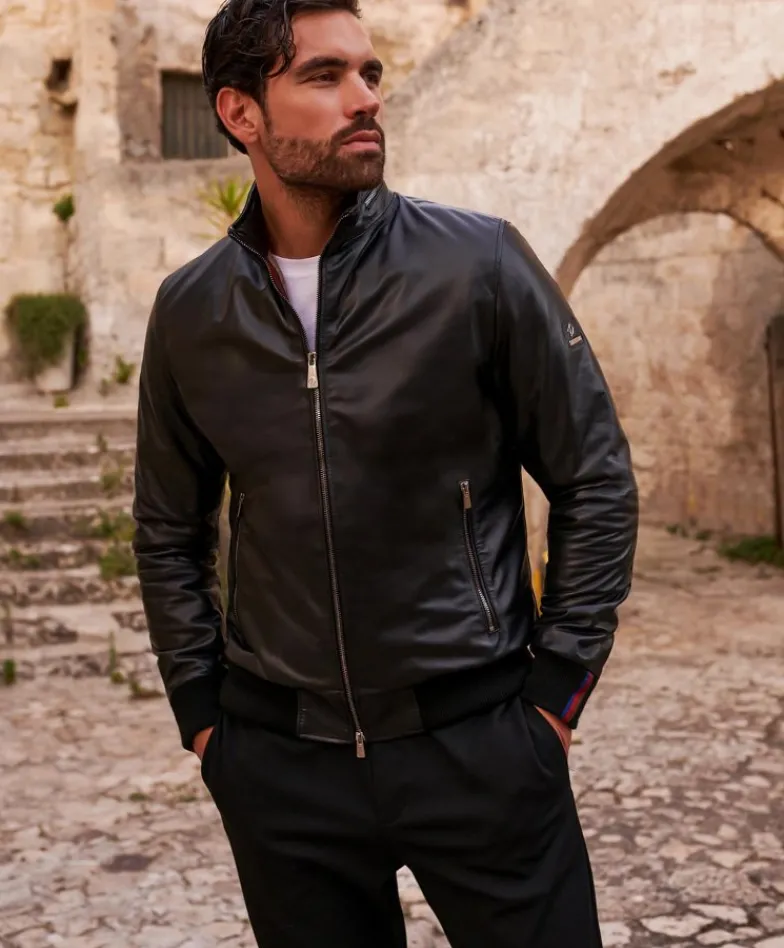 Uomo D'Arienzo Roy - Piumino bomber in pelle nera collo coreana con cerniera