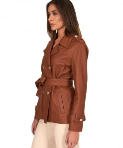 Donna D'Arienzo Saelle - Giacca in pelle color cuoio doppio petto con cintura