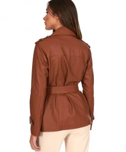 Donna D'Arienzo Saelle - Giacca in pelle color cuoio doppio petto con cintura
