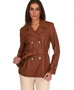 Donna D'Arienzo Saelle - Giacca in pelle color cuoio doppio petto con cintura
