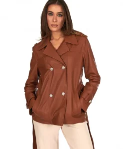 Donna D'Arienzo Saelle - Giacca in pelle color cuoio doppio petto con cintura