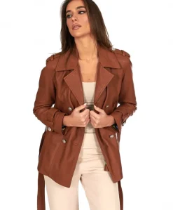 Donna D'Arienzo Saelle - Giacca in pelle color cuoio doppio petto con cintura