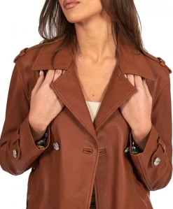 Donna D'Arienzo Saelle - Giacca in pelle color cuoio doppio petto con cintura