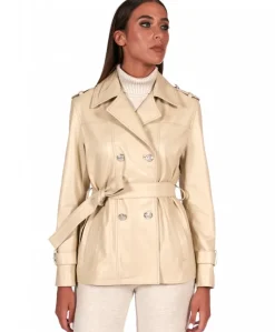 Donna D'Arienzo Saelle - Giacca in pelle color crema doppio petto con cintura