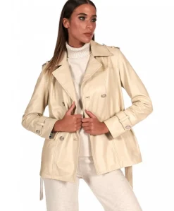 Donna D'Arienzo Saelle - Giacca in pelle color crema doppio petto con cintura