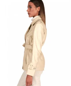 Donna D'Arienzo Saelle - Giacca in pelle color crema doppio petto con cintura