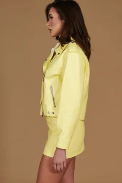 Donna D'Arienzo Sarah - Giacca chiodo in pelle giallo pastello vestibilità comoda