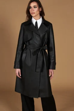 Donna D'Arienzo Sienna - Cappotto in pelle nera nappa effetto liscio con cintura