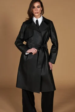 Donna D'Arienzo Sienna - Cappotto in pelle nera nappa effetto liscio con cintura