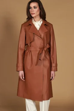Donna D'Arienzo Sienna - Cappotto in pelle cuoio nappa effetto liscio con cintura