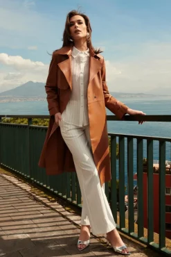 Donna D'Arienzo Sienna - Cappotto in pelle cuoio nappa effetto liscio con cintura