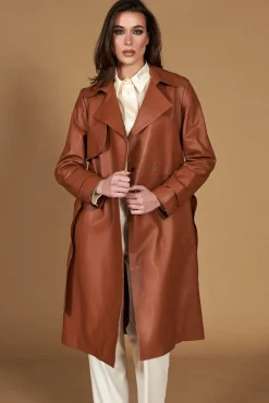 Donna D'Arienzo Sienna - Cappotto in pelle cuoio nappa effetto liscio con cintura