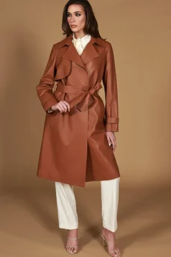 Donna D'Arienzo Sienna - Cappotto in pelle cuoio nappa effetto liscio con cintura