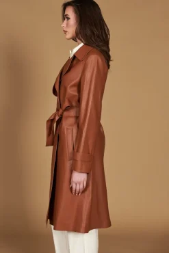 Donna D'Arienzo Sienna - Cappotto in pelle cuoio nappa effetto liscio con cintura