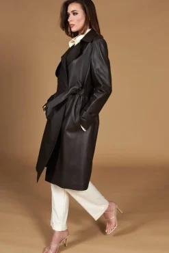 Donna D'Arienzo Sienna - Cappotto in pelle testa di moro effetto liscio con cintura