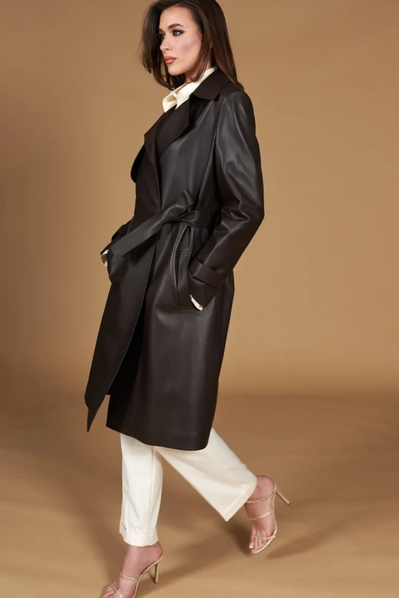 Donna D'Arienzo Sienna - Cappotto in pelle testa di moro effetto liscio con cintura