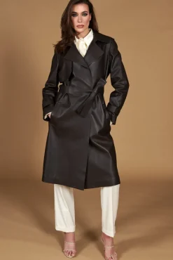 Donna D'Arienzo Sienna - Cappotto in pelle testa di moro effetto liscio con cintura