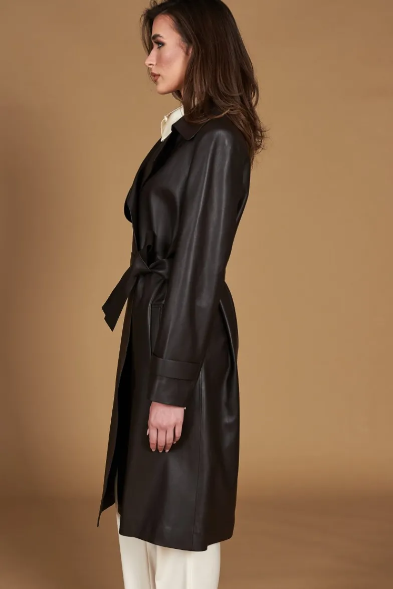 Donna D'Arienzo Sienna - Cappotto in pelle testa di moro effetto liscio con cintura