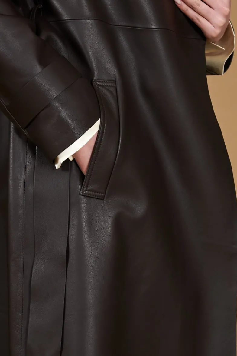 Donna D'Arienzo Sienna - Cappotto in pelle testa di moro effetto liscio con cintura