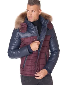 Uomo D'Arienzo Sky - Piumino in pelle blu e tessuto con cappuccio in pelliccia