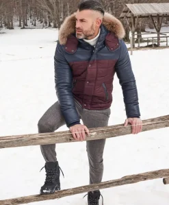 Uomo D'Arienzo Sky - Piumino in pelle blu e tessuto con cappuccio in pelliccia