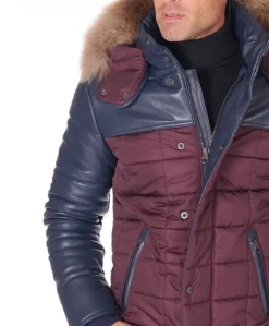 Uomo D'Arienzo Sky - Piumino in pelle blu e tessuto con cappuccio in pelliccia